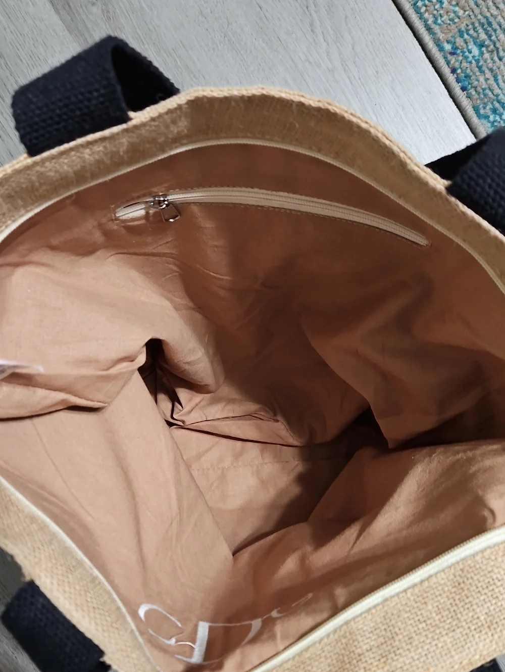 Monogrammed Polka Dot Natural Jute Tote with Black Handles
